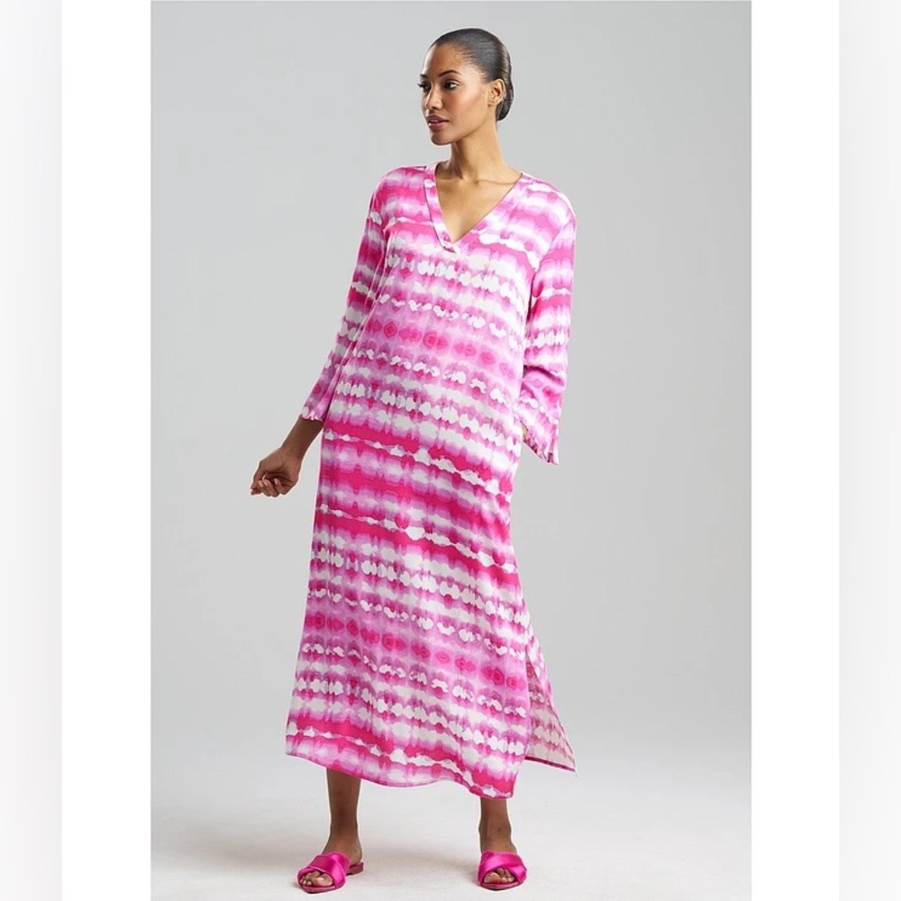 N by Natori 3/4 Sleeve V-Neck Printed Crinkle Caftan